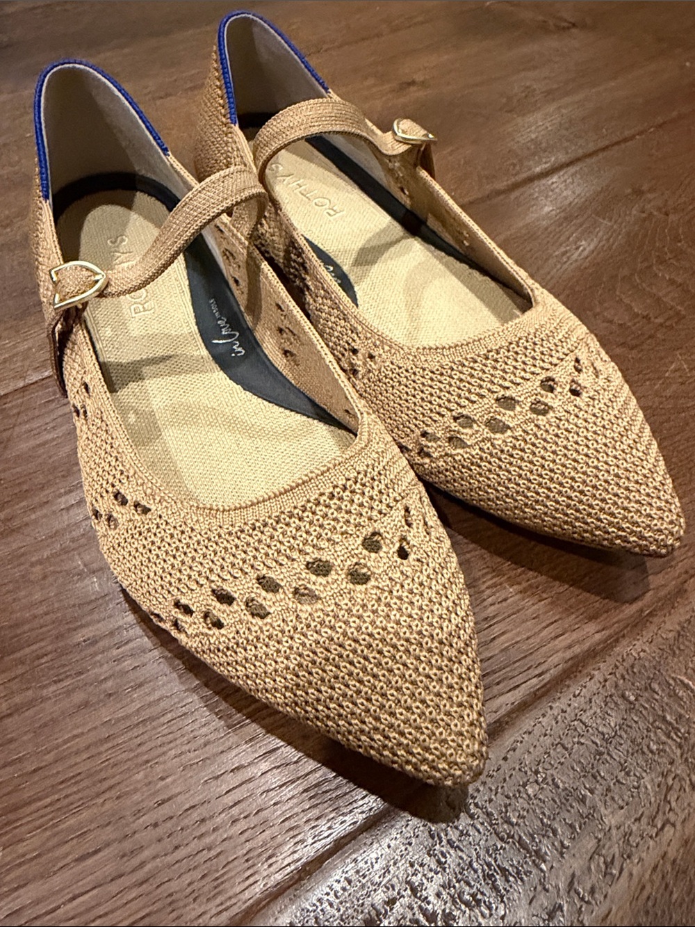 Rothy's Pointed Mary Jane Flats in Camel with Blue Trim